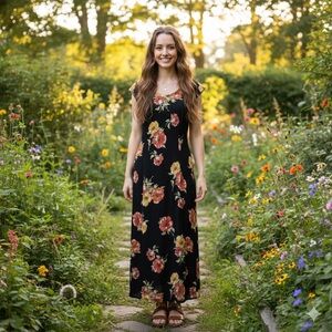 Vintage Emma James Liz Claiborne Black Floral Short Sleeve Maxi Dress Size 10